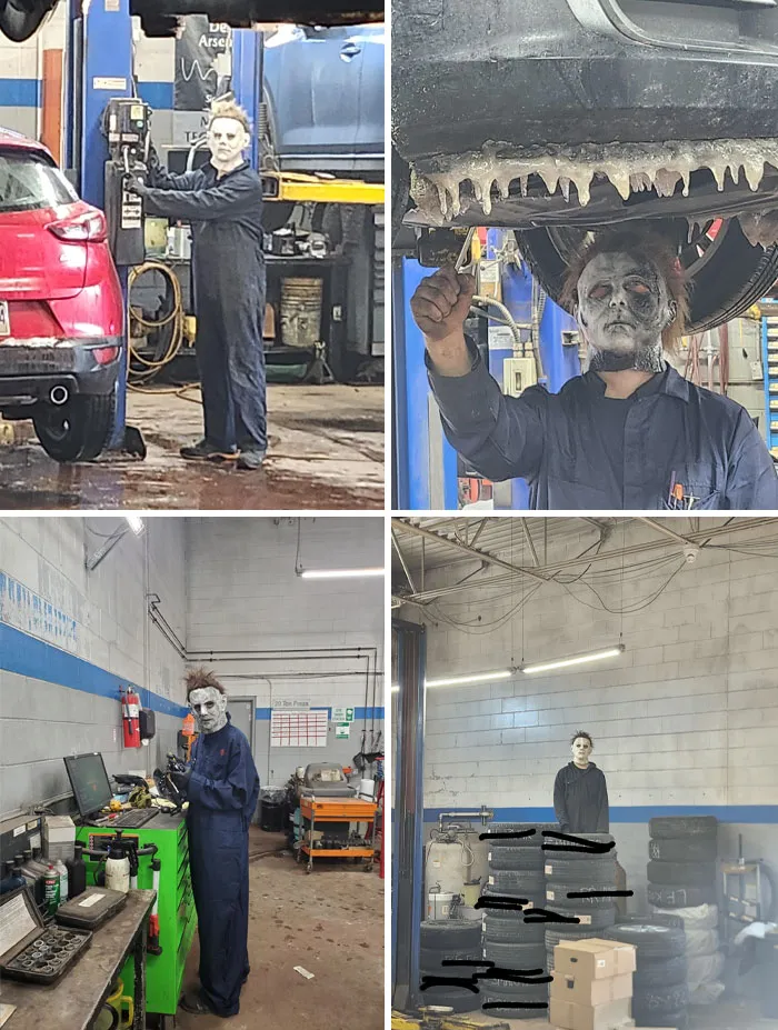 Micheal Myers Nov. 1st When M**der Stops Paying The Bills. Me And My Coworkers In The Shop All Dressed Up As Myers Today