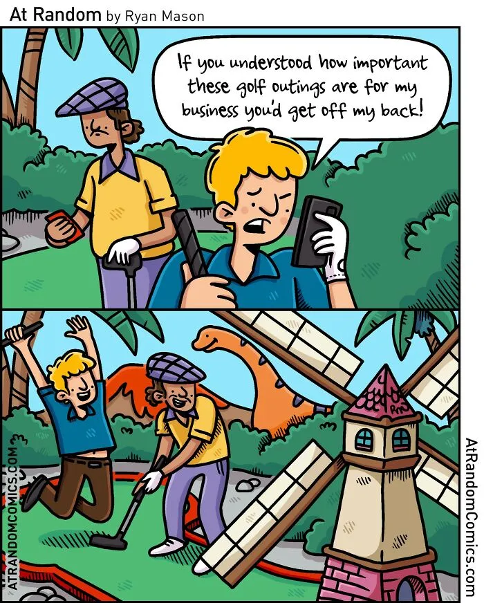 Two golfers at a mini-golf course, one on a phone, showcasing dark humor by Ryan Mason.