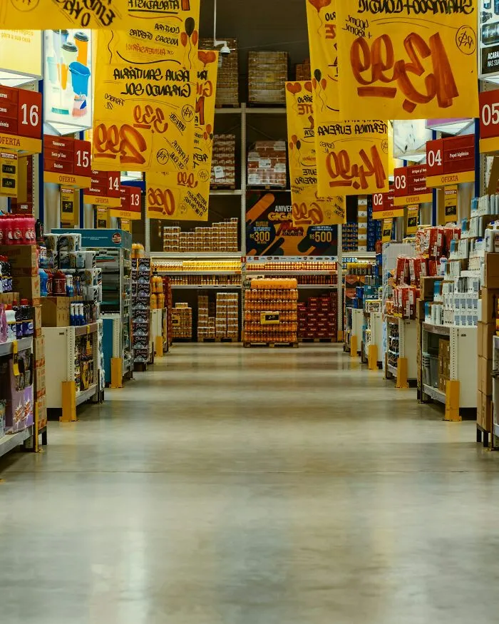 Aisle in a supermarket stocked with various restaurant food products and promotional banners hanging overhead.