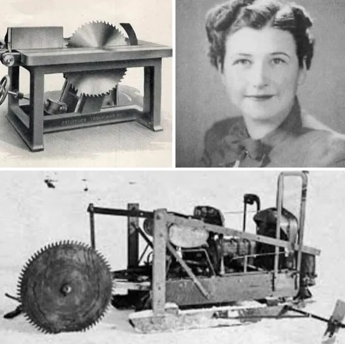Black and white collage depicting vintage machinery and a woman from historical stories.
