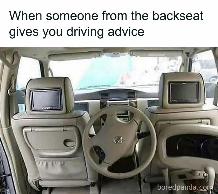 Car meme humorously depicting reversed driver setup with seats facing rear.