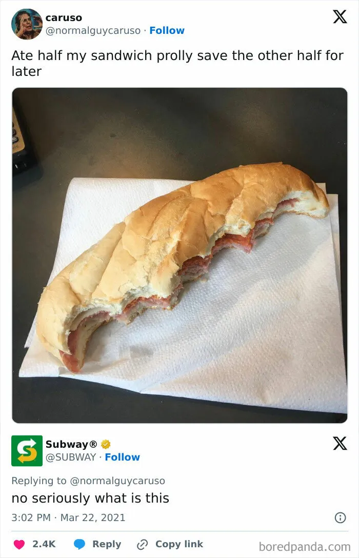 Partially eaten sub sandwich on a napkin, with humorous tweet from Subway questioning the situation.