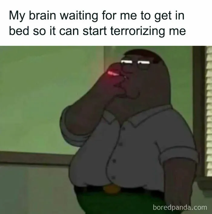 Cartoon character smoking with text about bedtime anxiety, illustrating a humor meme about men.