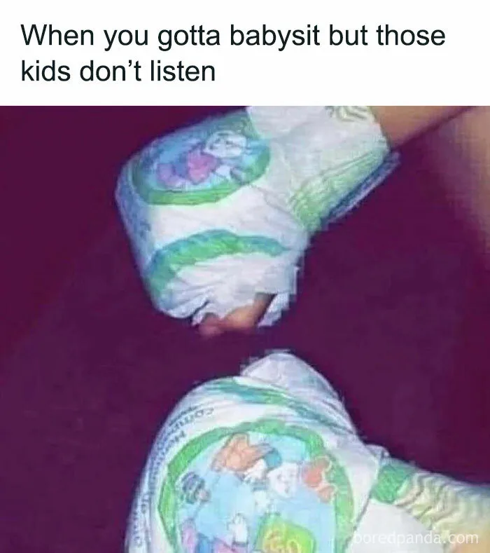 Babysitting struggle meme with hands wrapped in diapers as makeshift boxing gloves, humorously depicting challenges.