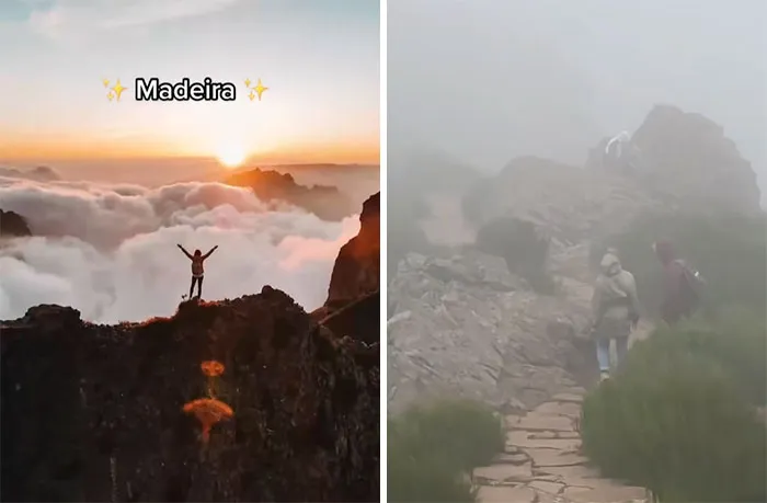 Instagram vs Realidad: comparación de una escena soleada en Madeira con una caminata en niebla.