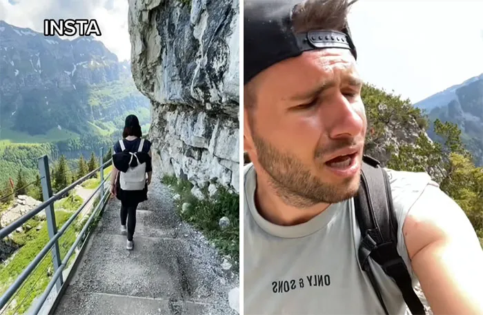 Persona en una caminata montañosa, ilustrando el contraste Instagram vs realidad.