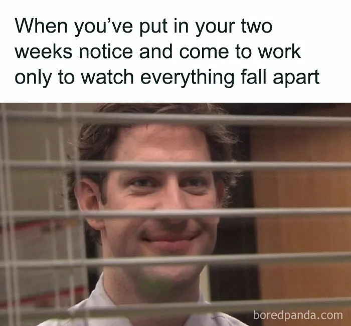 Man smiling mischievously through blinds with text about work and two weeks' notice, capturing funny relatable work memes.
