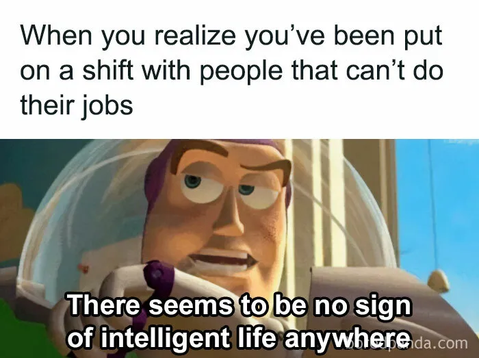 Buzz Lightyear with a caption about working with incompetent coworkers, showcasing funny relatable work memes.