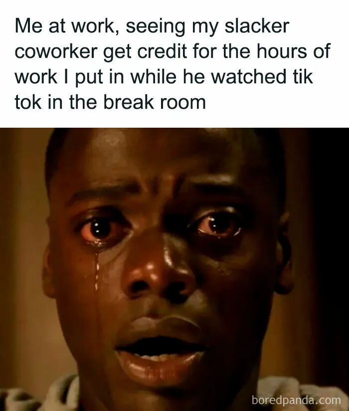 Emotional reaction to a coworker getting undeserved credit, conveying the humor and relatability of work memes.