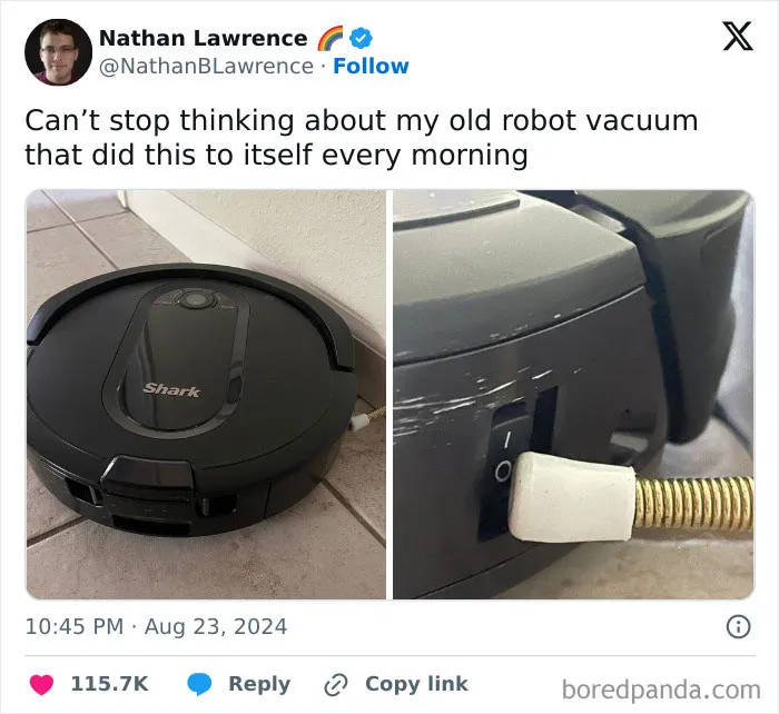 Robot vacuum gets stuck on a cord, creating daily problems for its owner.