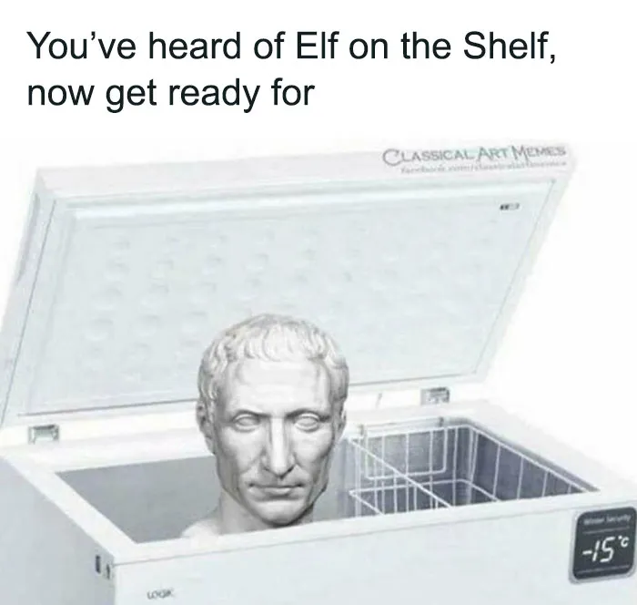 Classical statue bust inside a freezer meme, humorously connecting to history class memes and entertaining historical humor.
