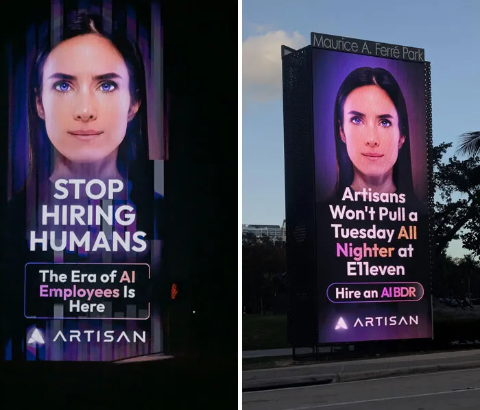 Two digital billboards in a park showing AI employee ads reflecting current life in the US through Americans' perspectives.