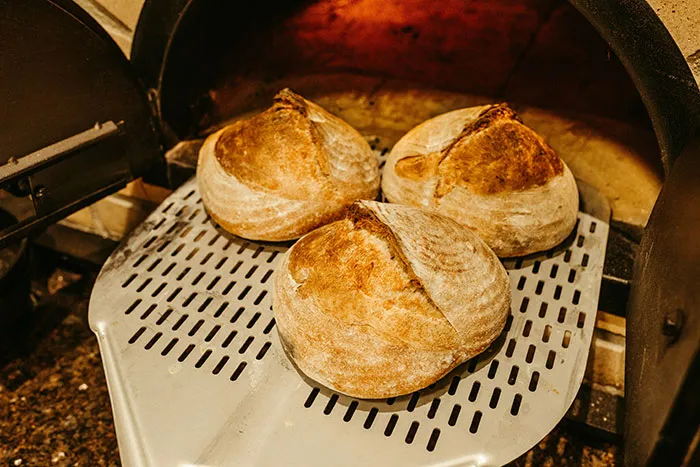 Freshly baked bread on a peel, highlighting rich people's out-of-touch comments on basic living expenses.
