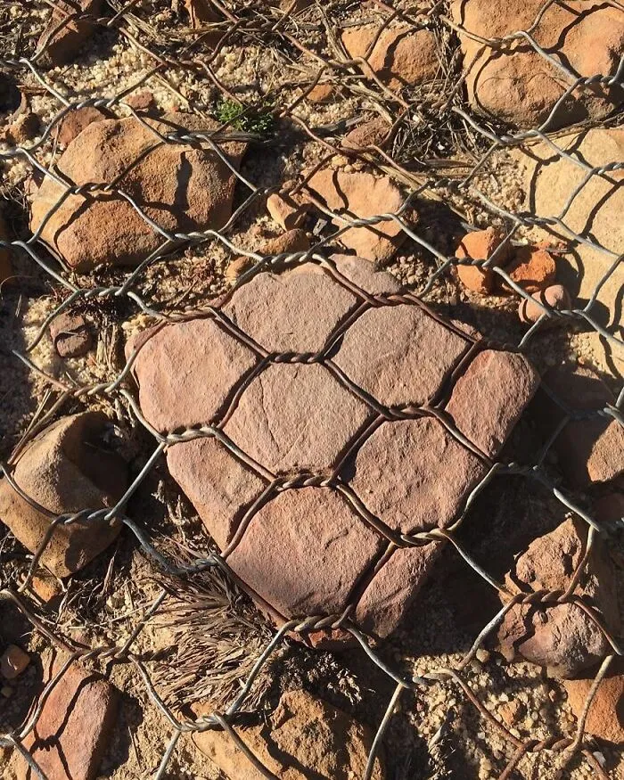 Random cool picture of a square rock under a chain-link fence.