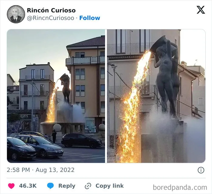This Fountain Was Designed To Look Like It's Pouring Lava For A Brief Time Per Day When The Sun Hits It Just Right