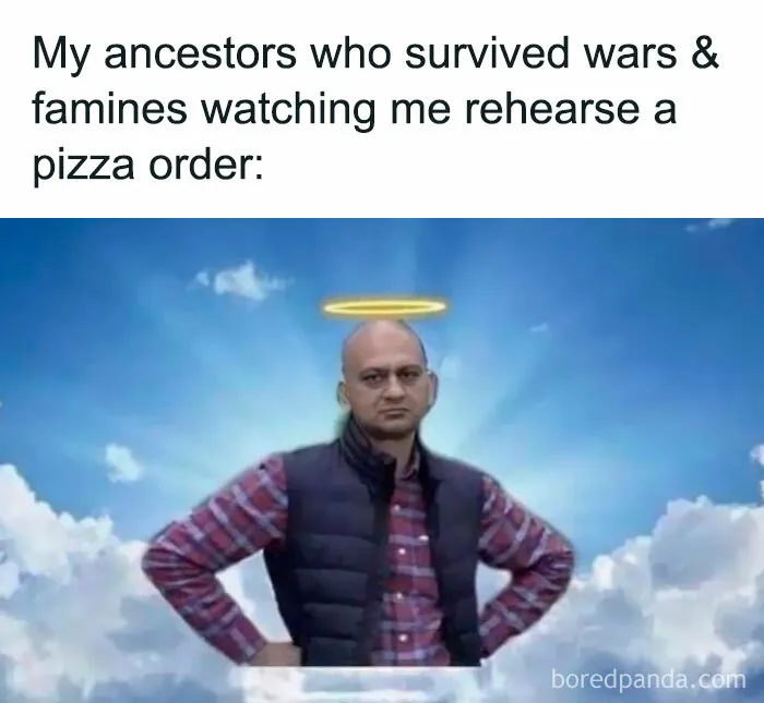 Man with a halo stands confidently among clouds, highlighting introverts' humor about social situations.