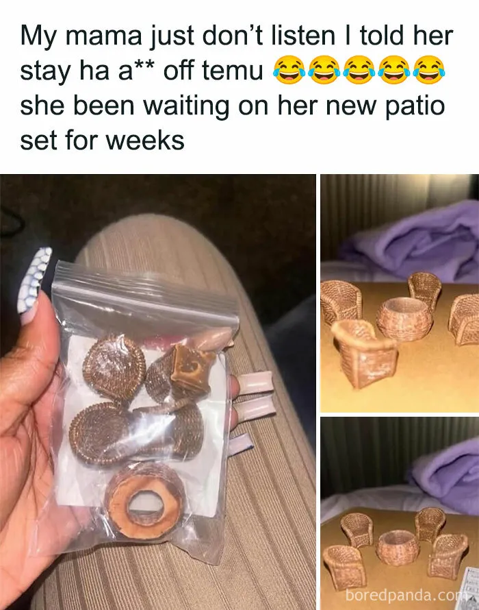 Hand holding miniature patio set pieces in a bag, with small wicker chairs and table displayed, funny shower thoughts meme.