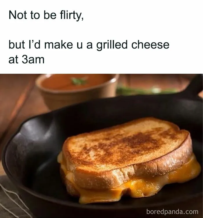 Grilled cheese sandwich melting in a pan with a humorous shower thought about making one at 3am.