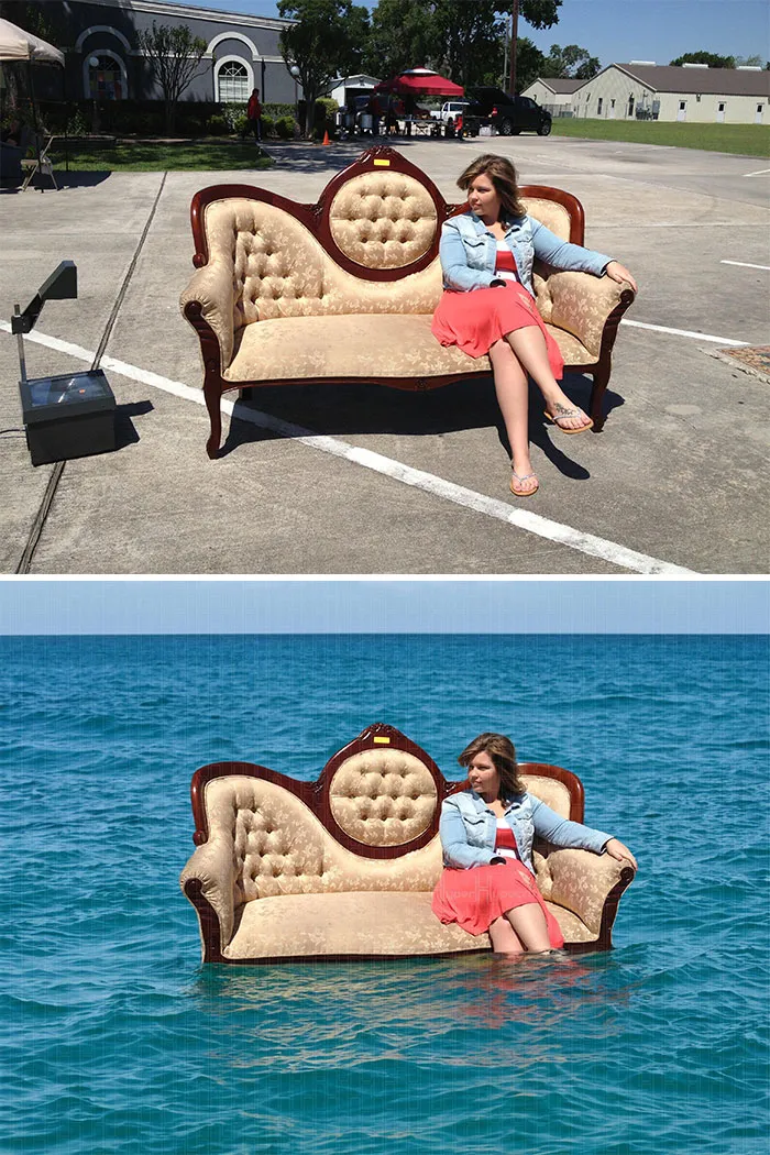 Give Me Your Best Shot At: Put Couch And Person On Water/Beach And Only Ocean Scenes Around And Behind