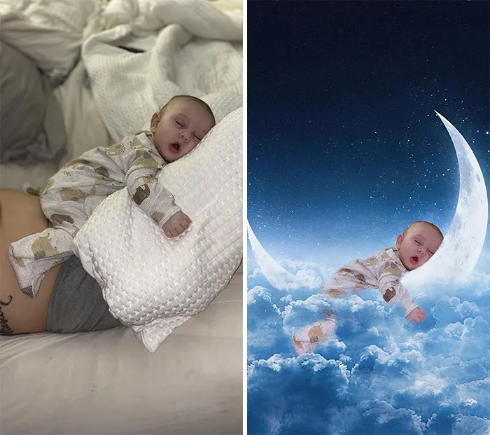 Can Anyone Edit This Photo To Make It Look Like He Is Sleeping/Laying On A Moon?