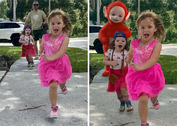Can Someone Please Help Me Move The Little Girl In Back Up Closer To The Girl In Front, Lose The Guy, And Add A Fun Background. Please Be Creative!!