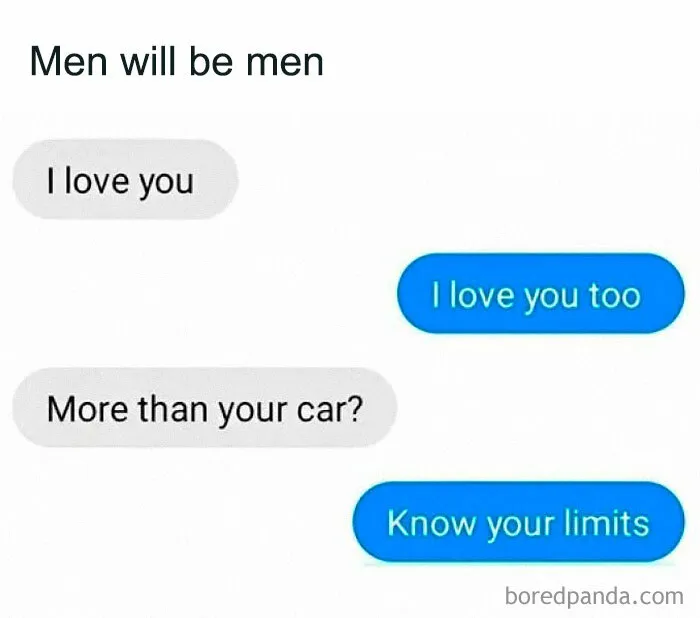 Text message meme showing a humorous conversation about love and prioritizing a car, from a Facebook page with hilarious memes.
