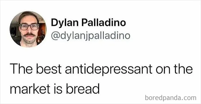 Text meme about the best antidepressant being bread, related to funny memes for a meltdown moment.