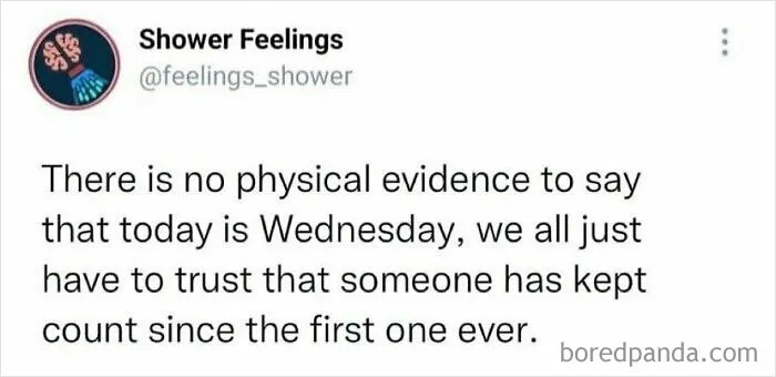 Tweet from Shower Feelings humorously questioning the concept of keeping track of days to occupy your brain while showering.
