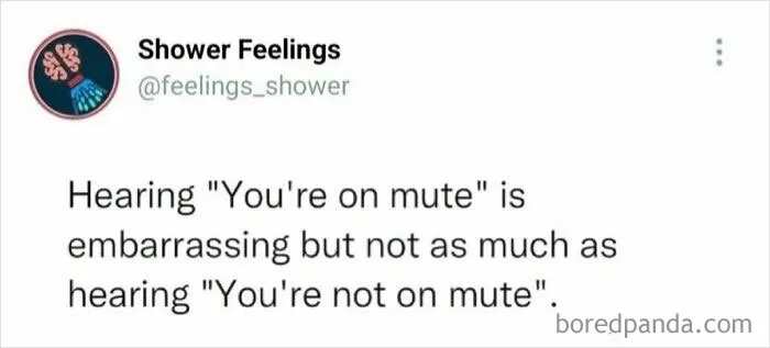 Twitter post from Shower Feelings humorously reflecting on common virtual meeting thoughts to occupy your brain while showering.
