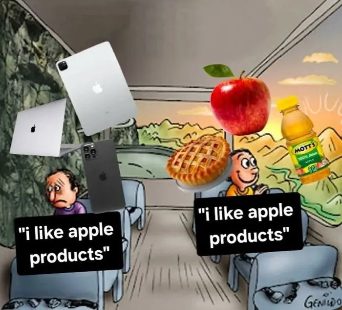 Two cartoon characters on a bus with Apple devices on one side and apple food items on the other, funny memes concept.