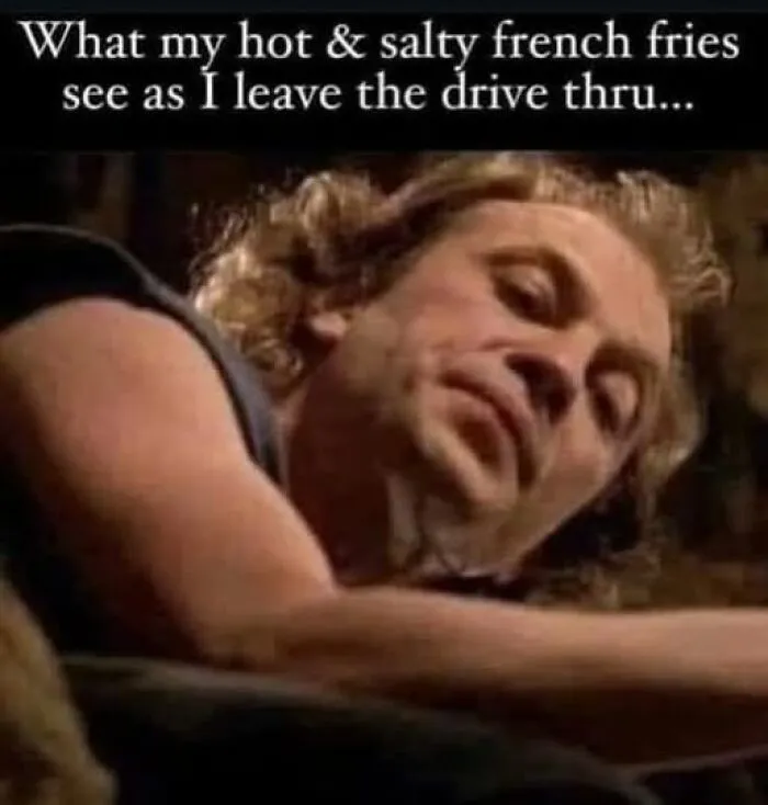 Man with curly hair lying down with a sarcastic expression, captioned about hot and salty french fries in a meme.