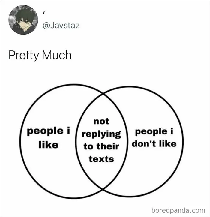 Venn diagram meme showing overlap between people I like and don't like with not replying to their texts humor in meltdown memes.