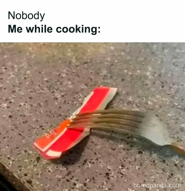 Funny cooking meme showing a fork struggling to open a ketchup packet on a kitchen counter for hilarious memes.