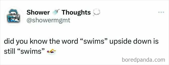 Tweet from Shower Thoughts about the word swims being a palindrome and related to showering thoughts.
