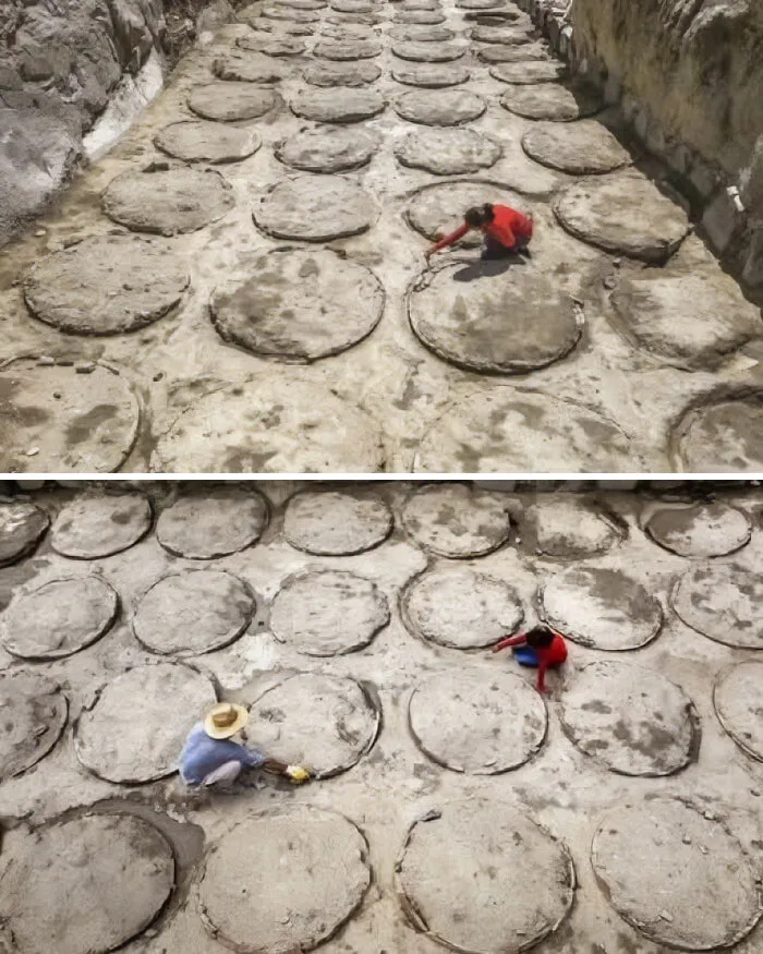 Archaeologists carefully excavating large circular ancient structures at a historic site during an archaeology dig.