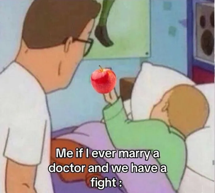 Cartoon showing a man holding an apple to a child in bed with a funny meme about marriage and fighting.