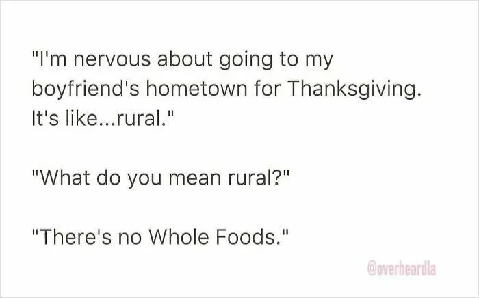 Funny conversation overheard in the streets of LA about visiting a small town with no Whole Foods for Thanksgiving.