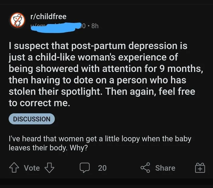 Reddit post from r/childfree making a sexist comment about post-partum depression and women’s behavior after childbirth.