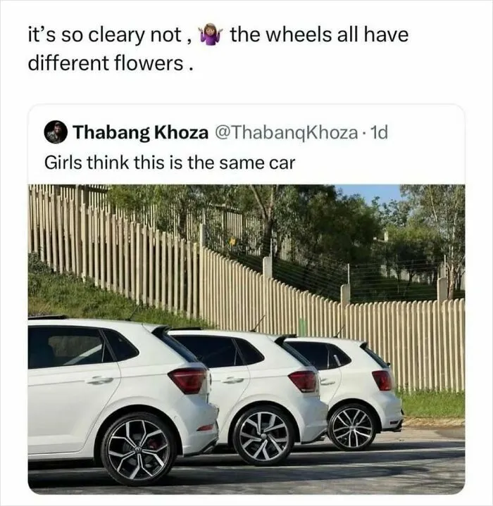 Three white cars with different wheel designs, illustrating a funny and random shower thought about perception.