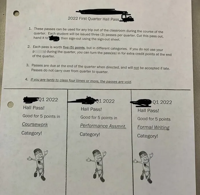 Hall passes document for classroom trips, showing points earned in coursework, performance, and formal writing categories.