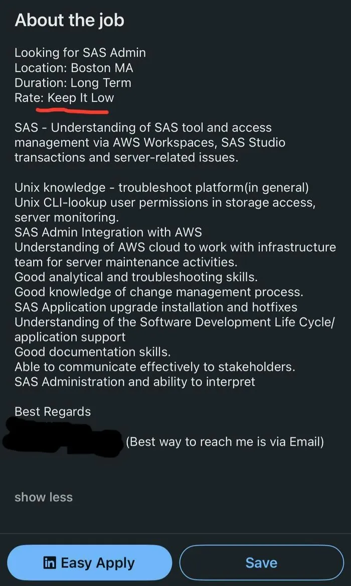 Job description for SAS Admin in Boston with AWS and Unix skills, highlighting current life challenges in the US workforce.