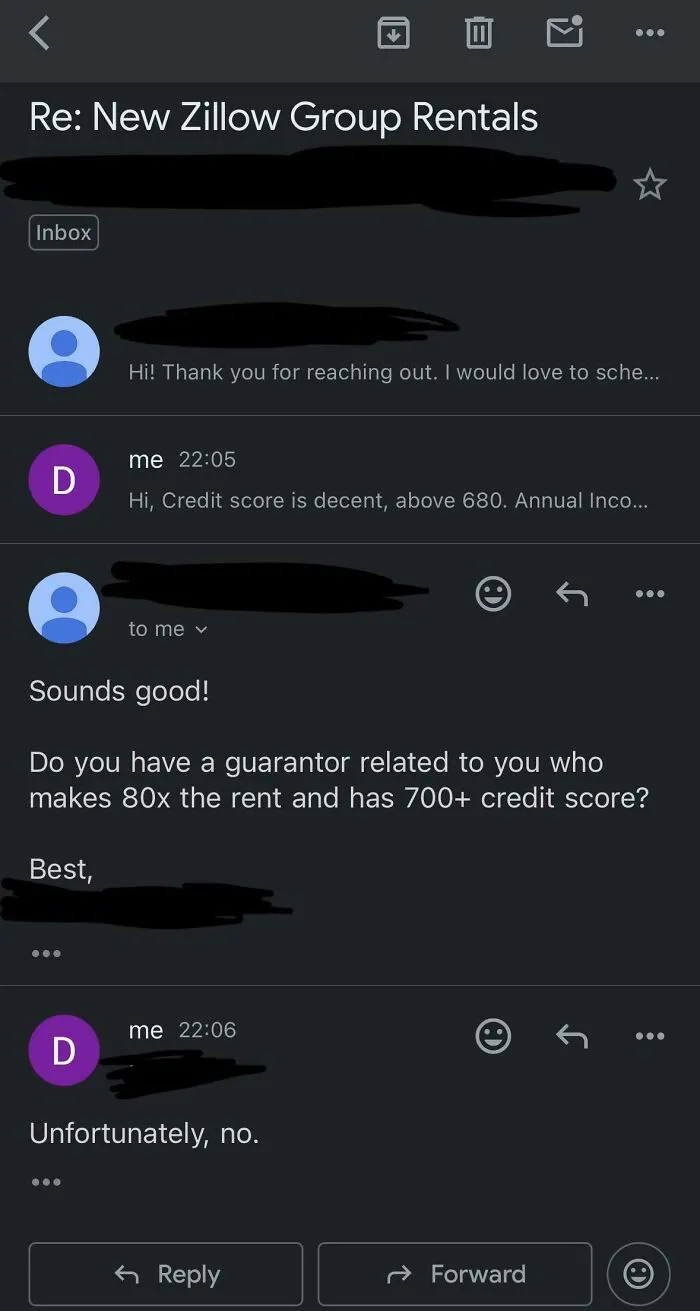 Email conversation screenshot showing rental application challenges highlighting current life in the US through American perspectives.