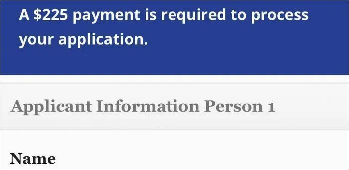 Screenshot of a $225 payment notice on an application form illustrating current life in the US through Americans' perspective.