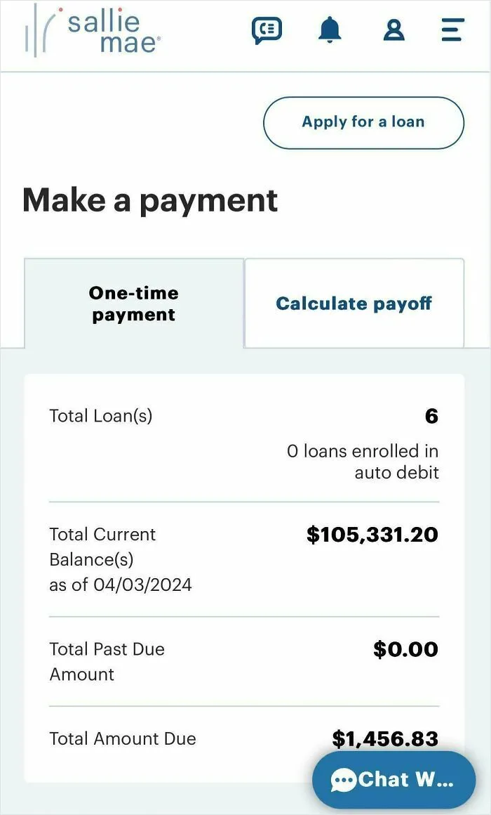 Sallie Mae loan payment screen showing current balance and due amount, reflecting life in the US through Americans' eyes.