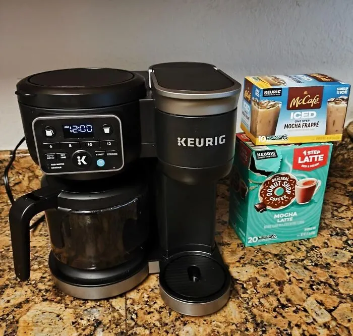 Keurig coffee maker with mocha latte and iced mocha frappé pods ideal for Mother's Day splurges gift ideas.