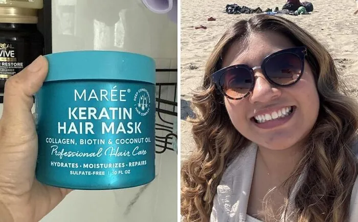 Hand holding a jar of keratin hair mask and a woman smiling outdoors wearing sunglasses, showcasing Mother's Day splurges.