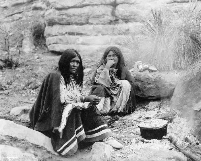Two Apache Indian Women At Campfire, Cooking
