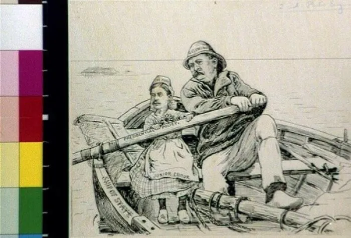Grover Cleveland As Fisherman Helping "The Post" Girl With "Presidential Policy" Oar On "Ship Of State", Between 1880 And 1900