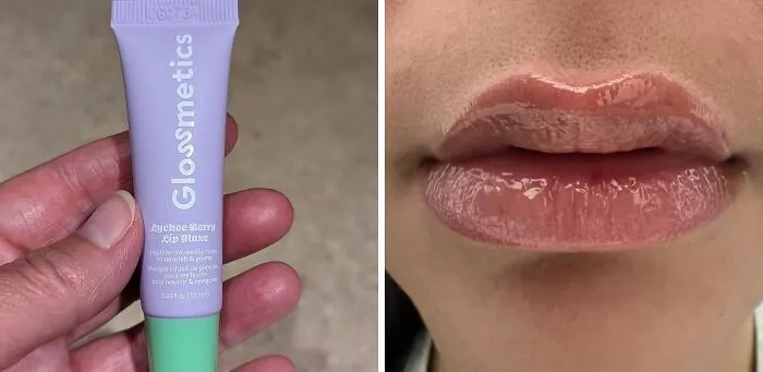 Glossmetics Lychee Berry lip plumper held in hand next to close-up of glossy, hydrated lips showing hidden gems from Amazon finds.