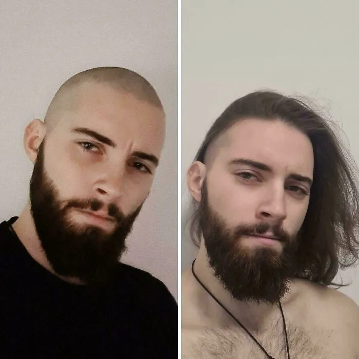 Side-by-side hair transformation of a man showing a buzz cut and long hair with a full beard, highlighting hair transformations.